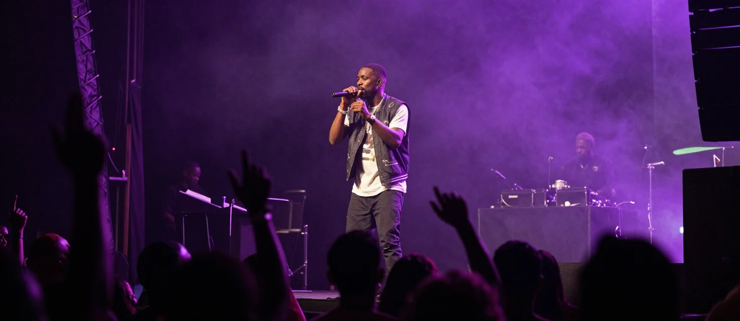 African artist performing on a purple-lit stage